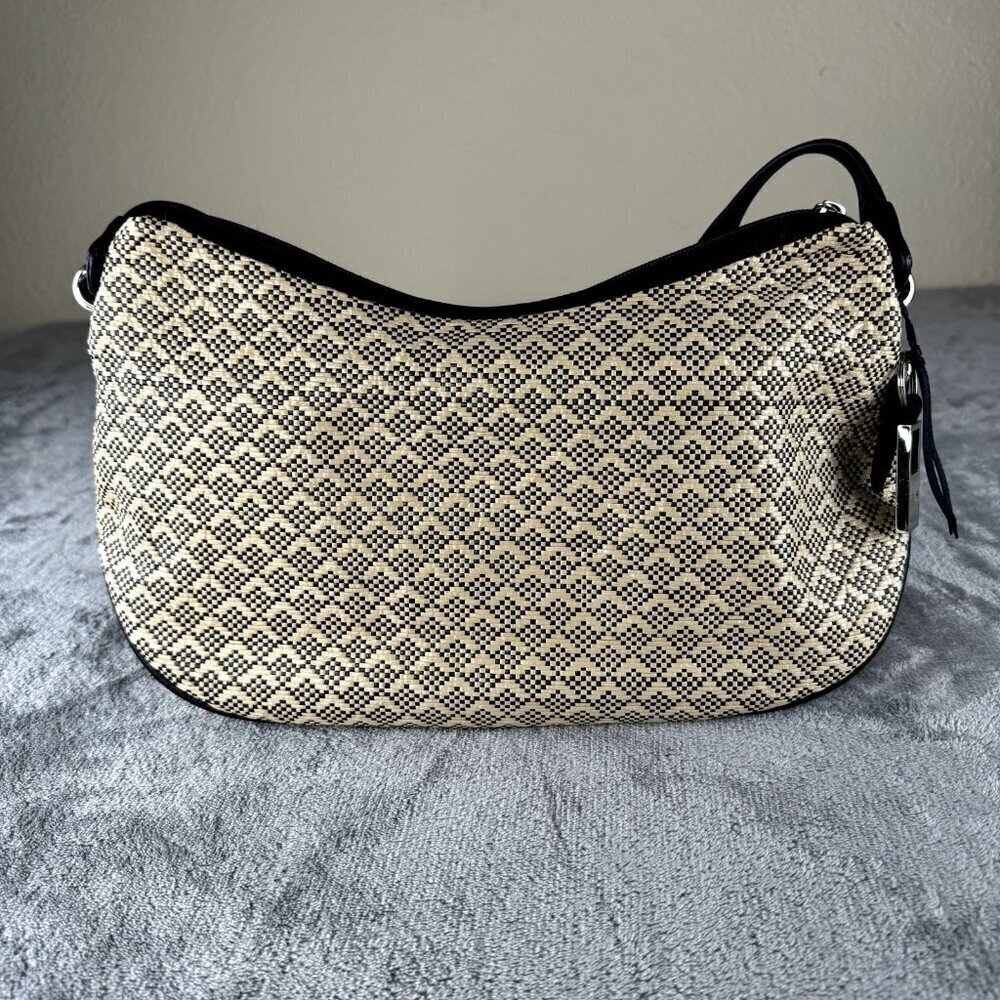 Rolfs Diamond Weave Straw Handbag Purse Bag Cream Black Light Weight BOHO